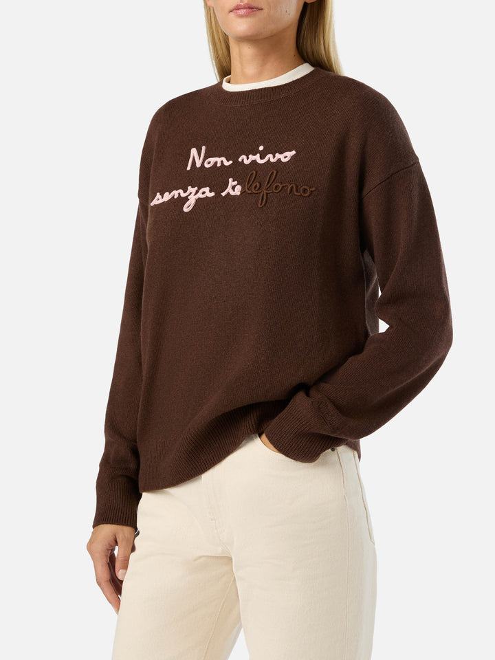 Pull col rond Tessa marron en mélange de laine et cachemire avec broderie Non Vivo Senza Te 