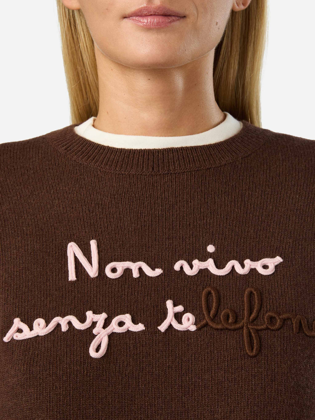 Brown Tessa wool and cashmere blend crewneck knit with Non Vivo Senza Te embroidery