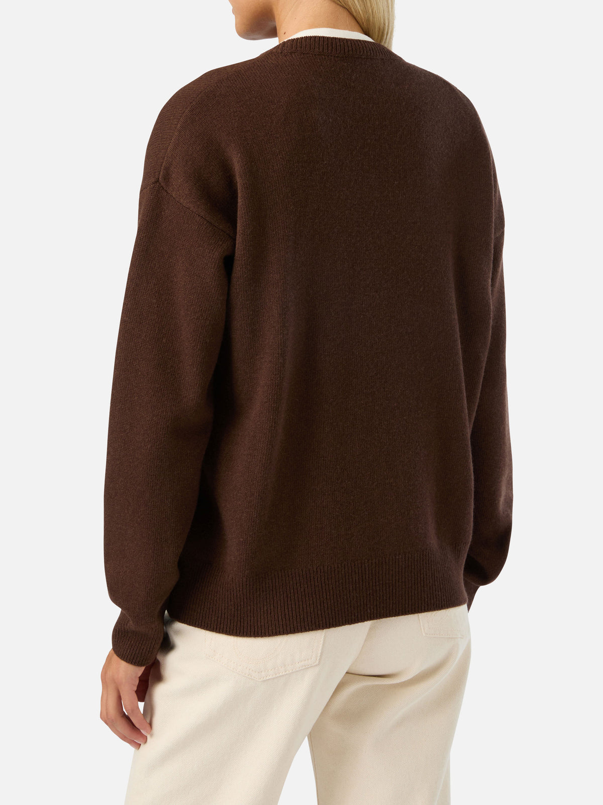 Brown Tessa wool and cashmere blend crewneck knit with Non Vivo Senza Te embroidery