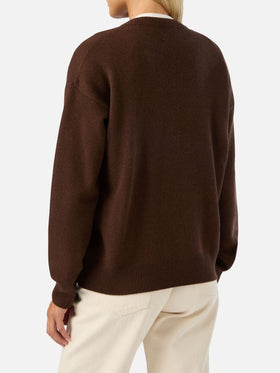 Brown Tessa wool and cashmere blend crewneck knit with Non Vivo Senza Te embroidery
