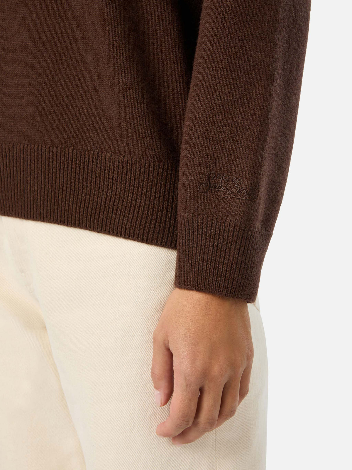Brown Tessa wool and cashmere blend crewneck knit with Non Vivo Senza Te embroidery