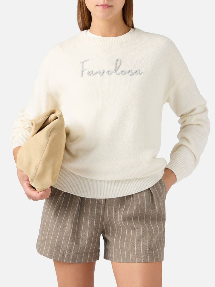 Pull col rond Tessa en mélange de laine et cachemire off white avec broderie Favolosa 