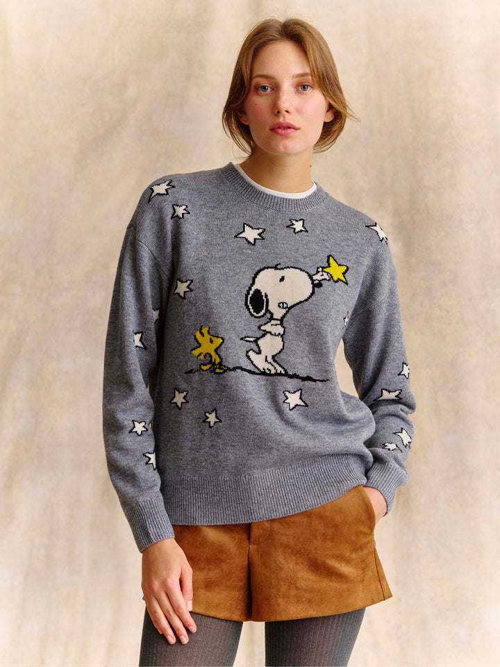 Grauer Tessa Rundhalspullover aus Woll- und Kaschmirmischung mit Snoopy-Intarsie | Special edition 