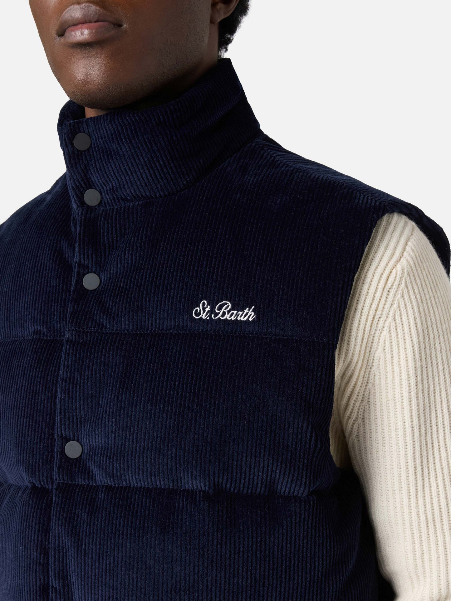 Gilet imbottito in piuma Thunder in corduroy blu navy