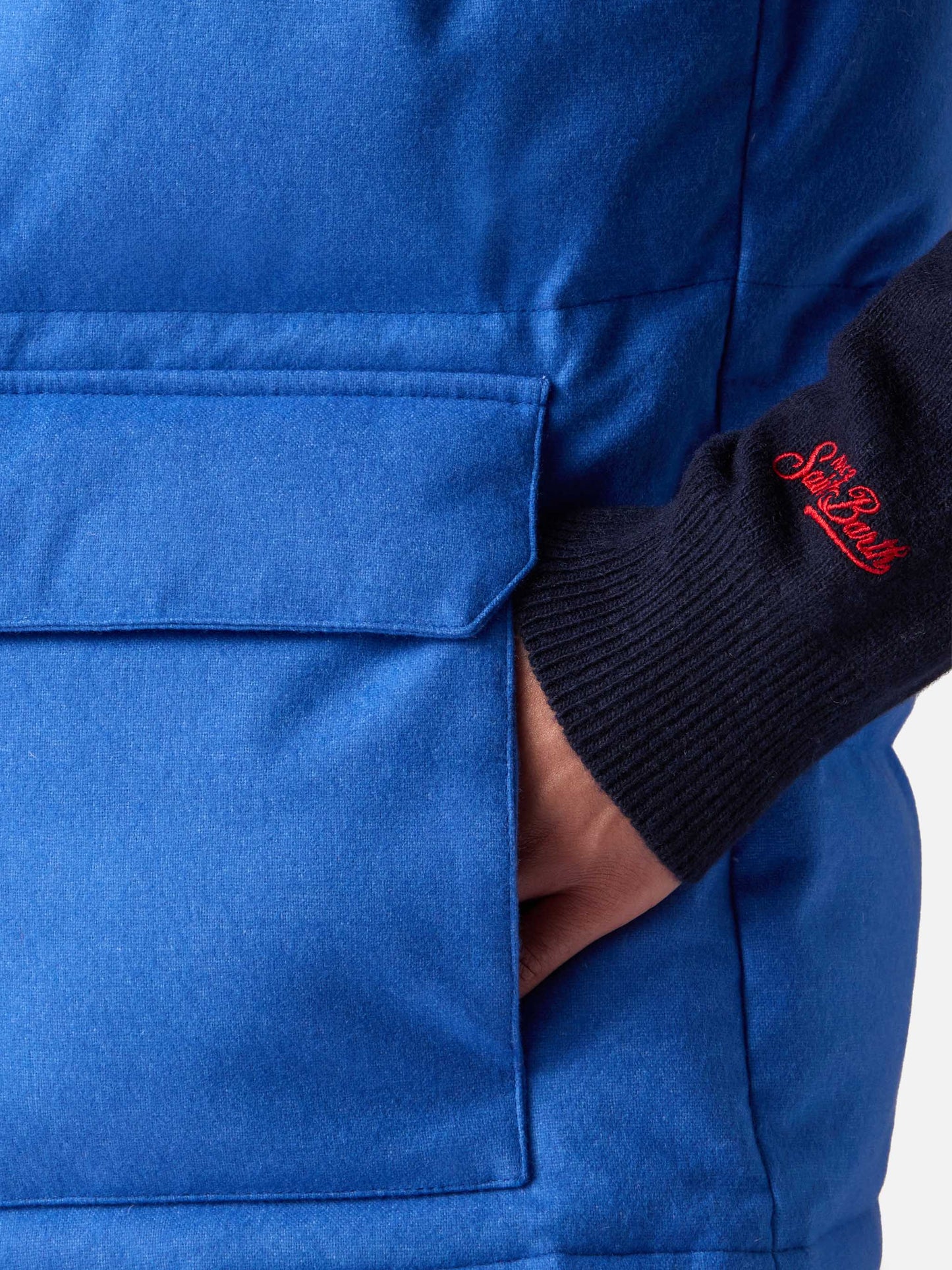 Gilet da uomo imbottito in piuma di lana bluette con tasche