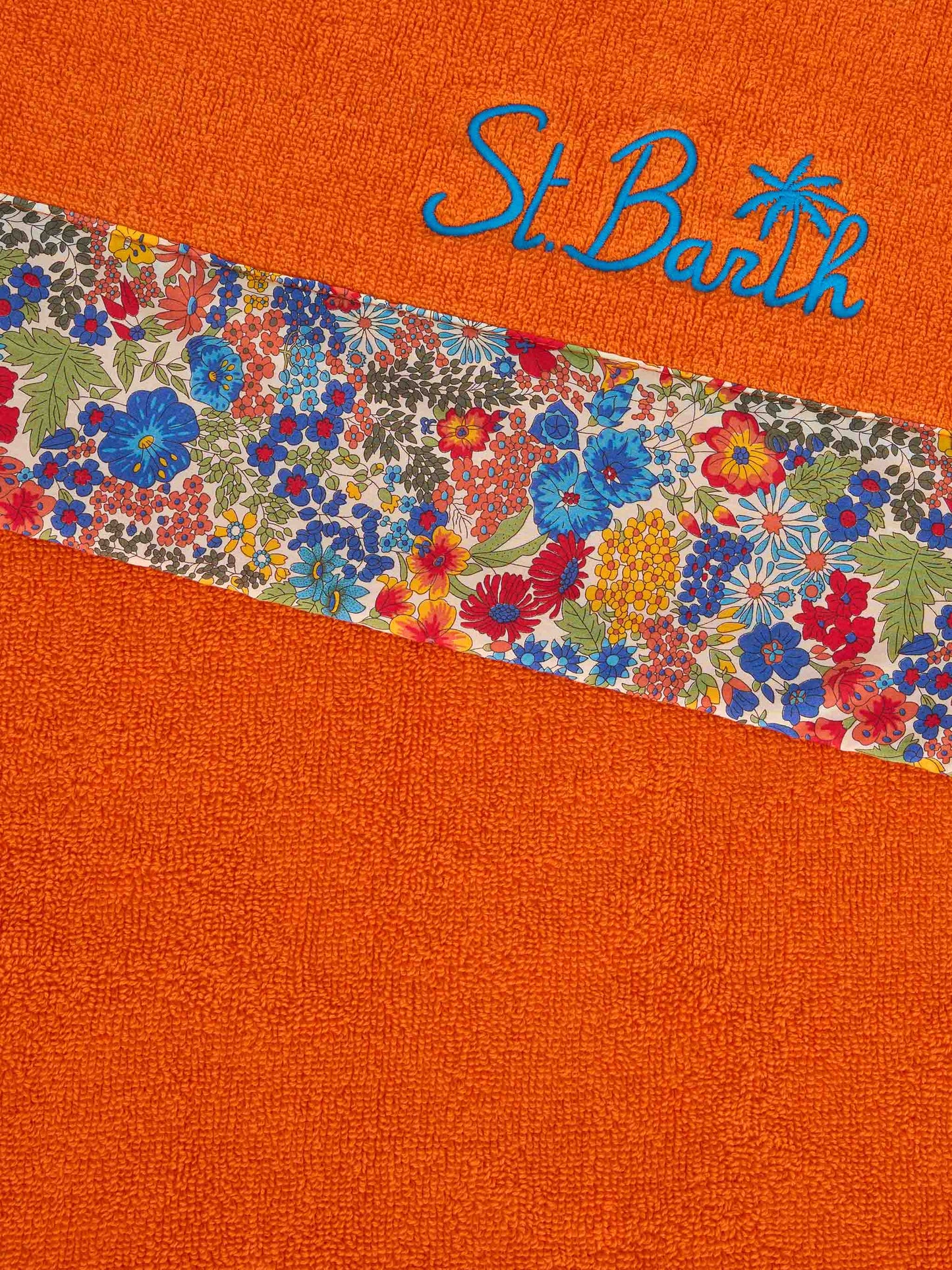 Orange towel with multicolor flower frames | MADE WITH LIBERTY FABRIC - MC2 Saint Barth
