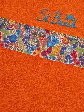 Orange towel with multicolor flower frames | MADE WITH LIBERTY FABRIC - MC2 Saint Barth