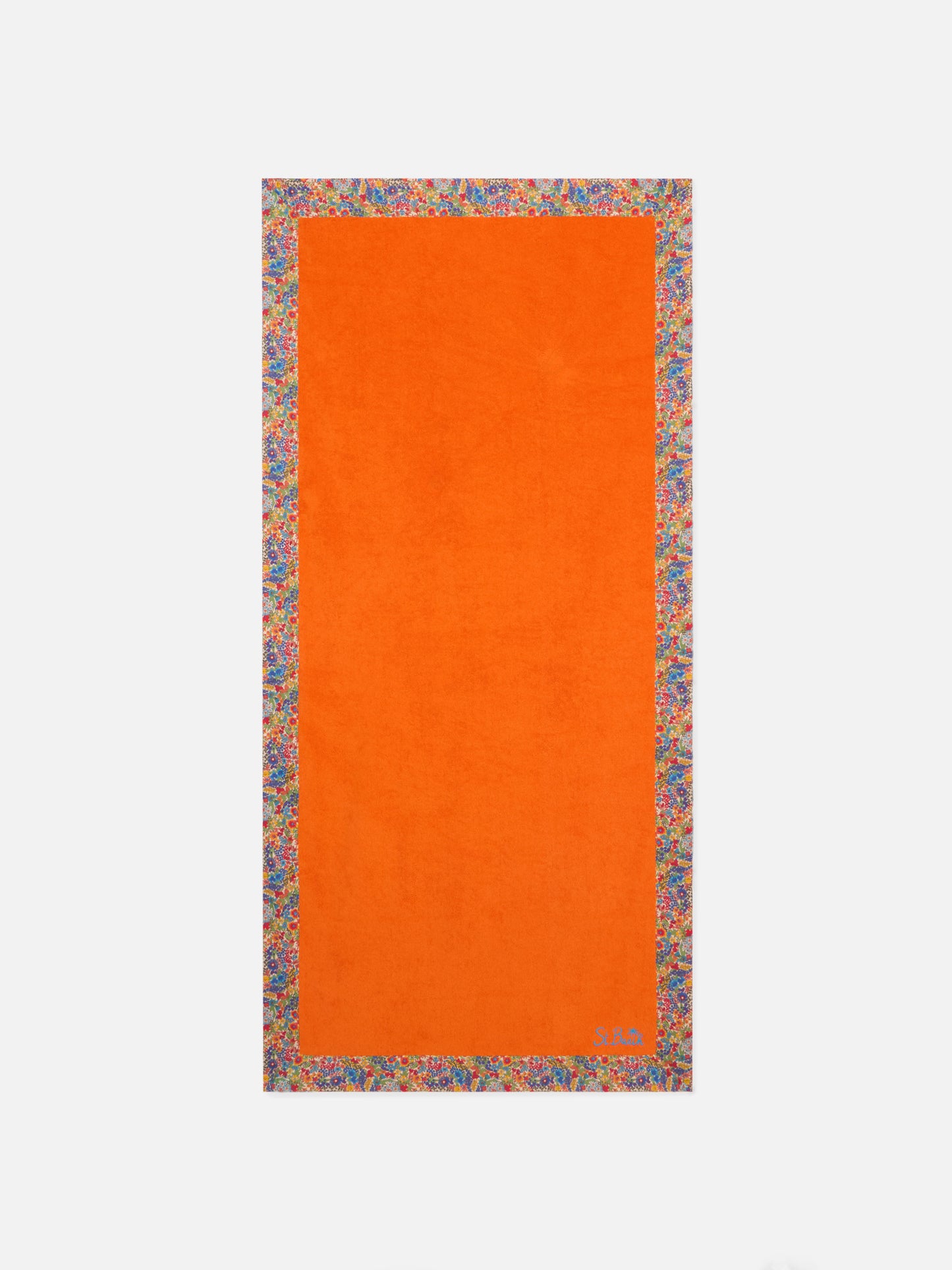 Orange towel with multicolor flower frames | MADE WITH LIBERTY FABRIC - MC2 Saint Barth
