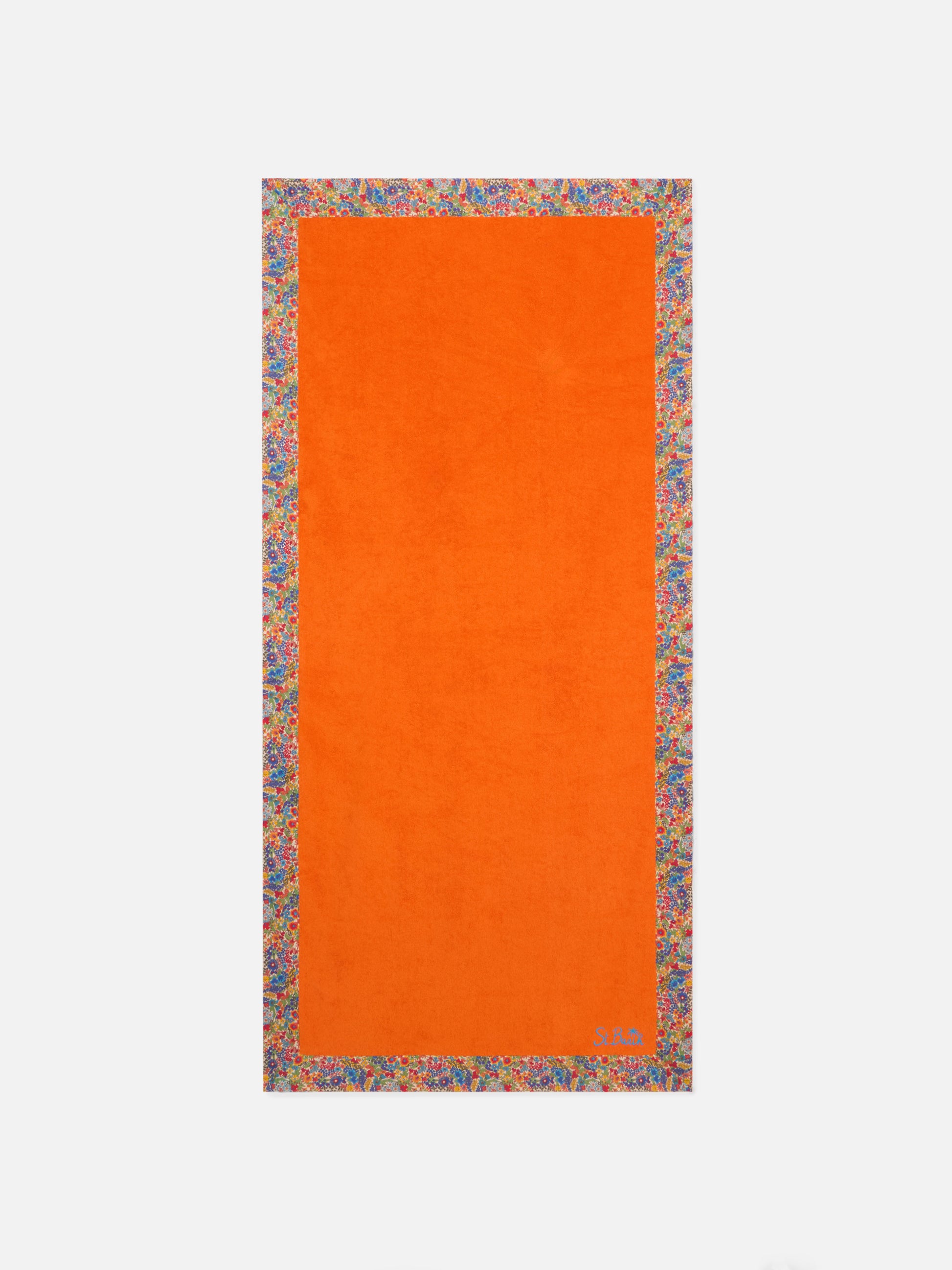 Orange towel with multicolor flower frames | MADE WITH LIBERTY FABRIC - MC2 Saint Barth