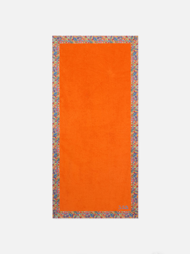Orange towel with multicolor flower frames | MADE WITH LIBERTY FABRIC - MC2 Saint Barth