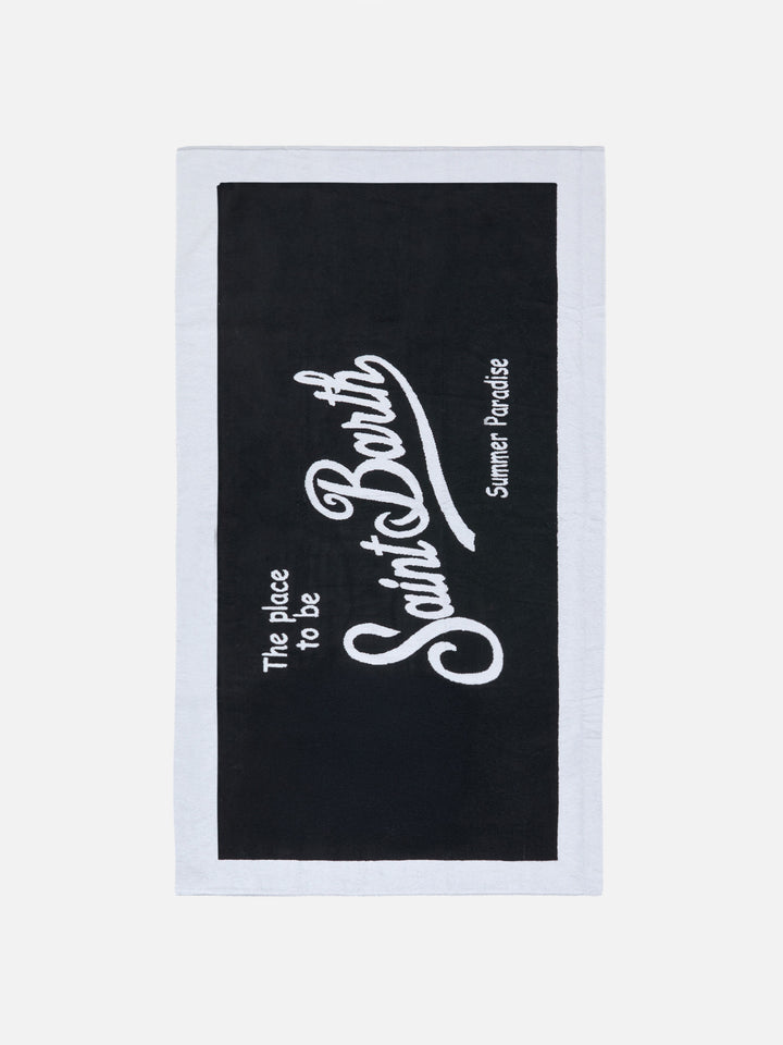 Black terry beach towel with white frame