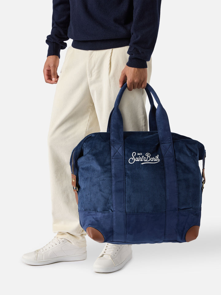 Borsone da viaggio Travel Bag Corduroy in velluto a coste blu e suede