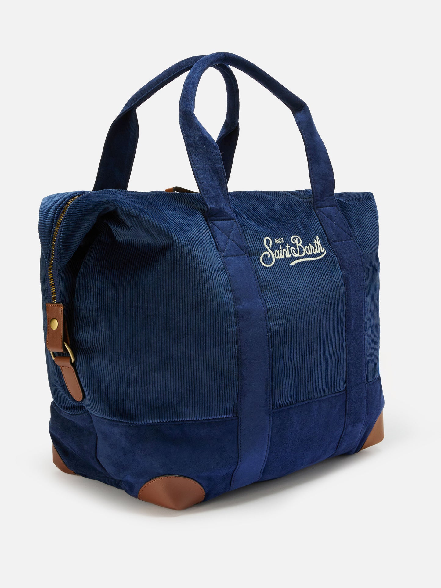 Reisetasche aus Cord, Duffelbag, in blauem Cord-Samt und Wildleder