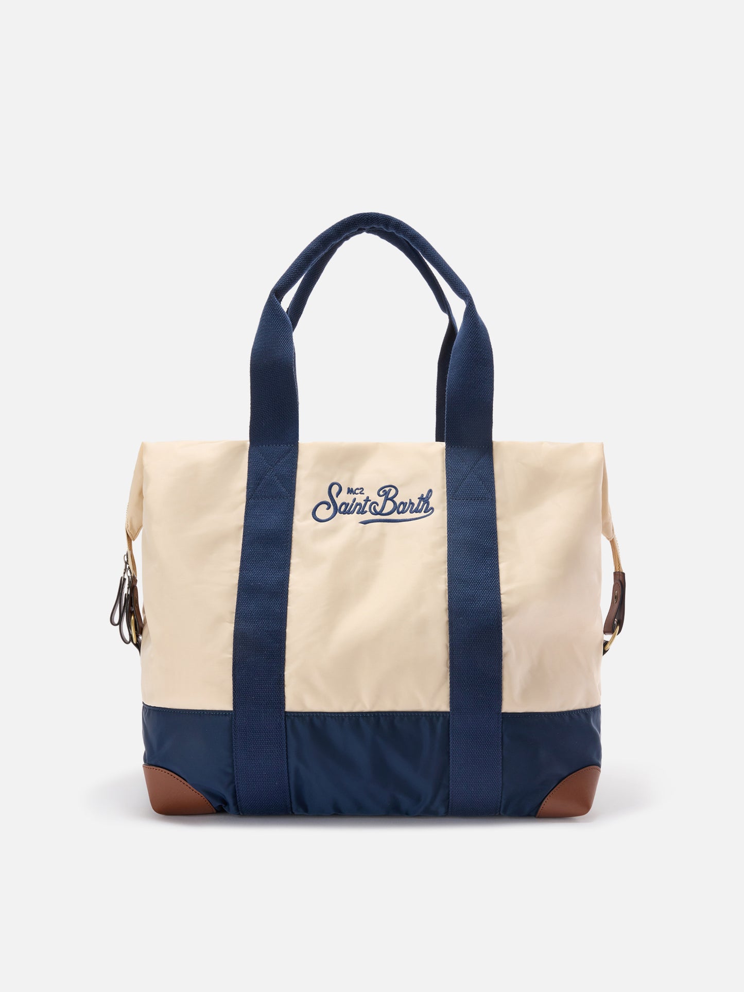 Travel Bag cream and blue nylon weekender with embroidered logo