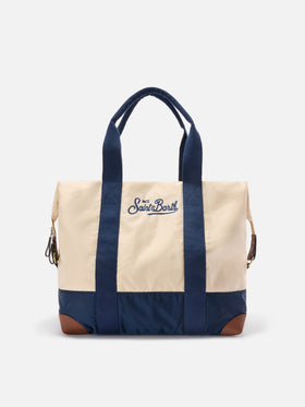 Travel Bag cream and blue nylon weekender with embroidered logo