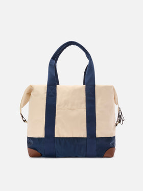 Travel Bag cream and blue nylon weekender with embroidered logo