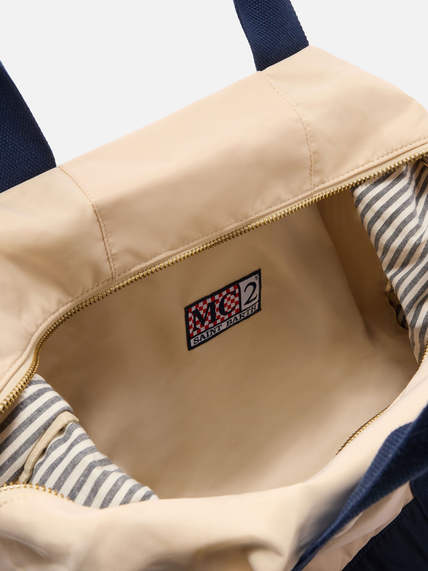 Travel Bag cream and blue nylon weekender with embroidered logo