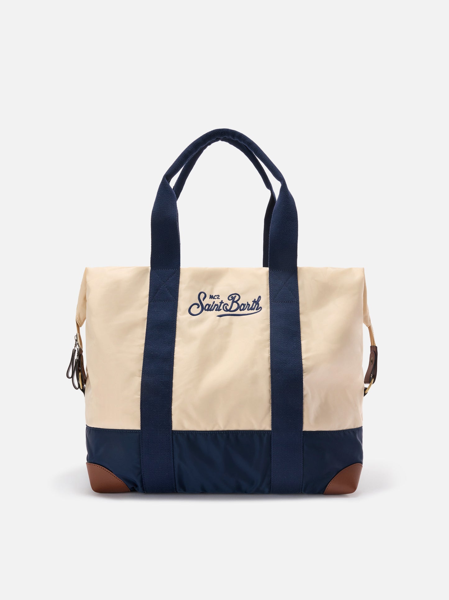 Borsone Travel Bag in nylon panna e blu con logo ricamato