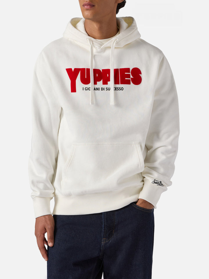 Tribeca cotton hoodie in white with Yuppies flock print | YUPPIES SPECIAL EDITION