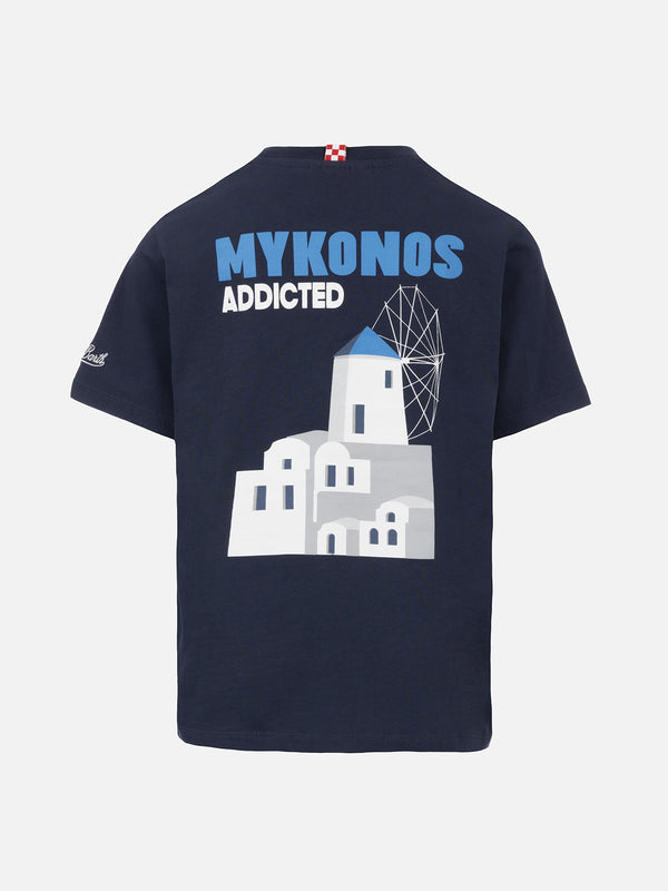 Boy cotton t-shirt with Mykonos addicted postcard print
