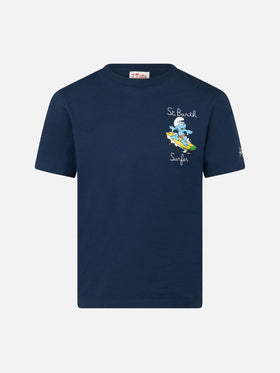 Boy cotton t-shirt with Smurf print and St. Barth Surfer embroidery | THE SMURF SPECIAL EDITION - MC2 Saint Barth