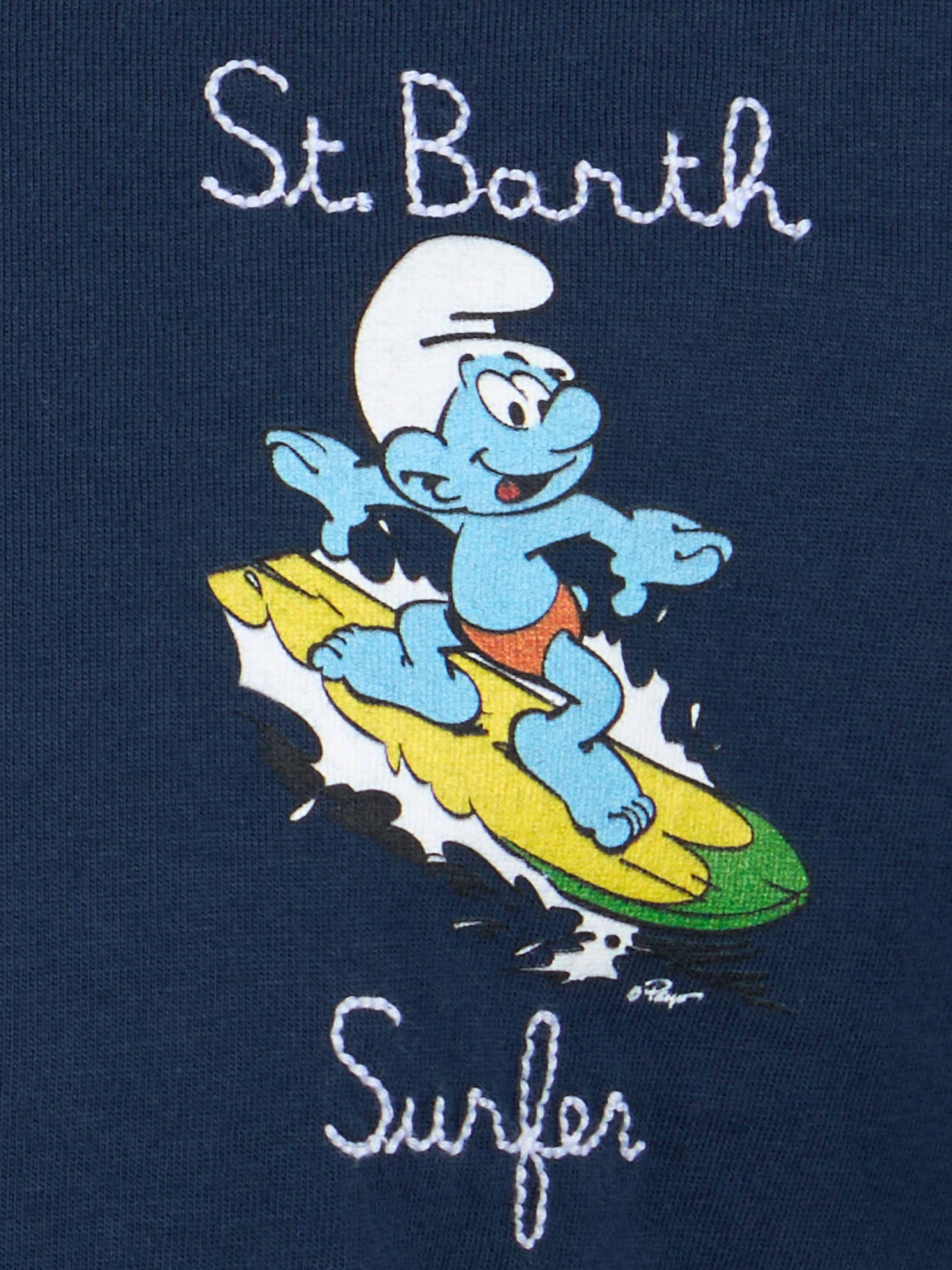 Boy cotton t-shirt with Smurf print and St. Barth Surfer embroidery | THE SMURF SPECIAL EDITION - MC2 Saint Barth