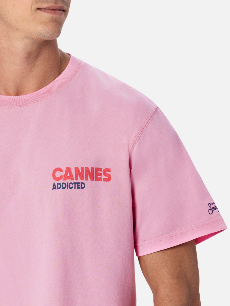 Man cotton t-shirt with Cannes Addicted postcard placed print