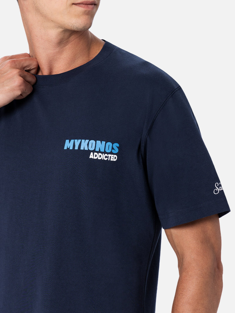 Man cotton t-shirt with Mykonos Addicted postcard placed print