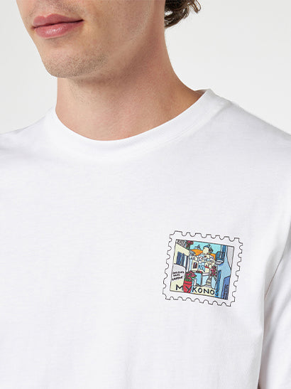 Man cotton t-shirt with Mykonos postcard front and back print | ALESSANDRO ENRIQUEZ SPECIAL EDITION