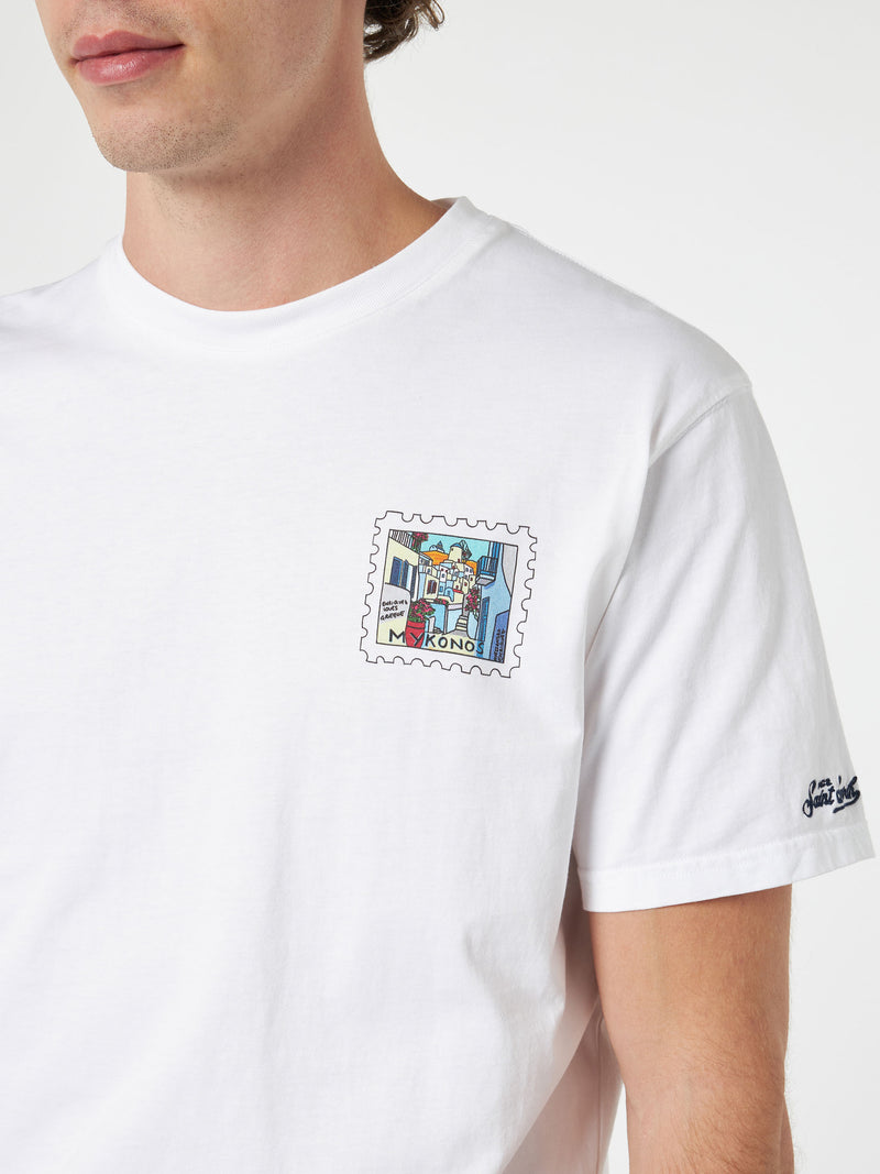 Herren-Baumwoll-T-Shirt mit Mykonos-Postkartendruck auf Vorder- und Rückseite | ALESSANDRO ENRIQUEZ SONDERAUSGABE