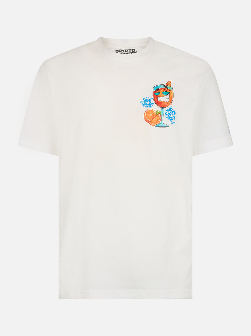 Herren-Baumwoll-T-Shirt mit platziertem Cryptopuppets Spritz-Aufdruck auf Vorder- und Rückseite | CRYPTOPUPPET-SONDERAUSGABE