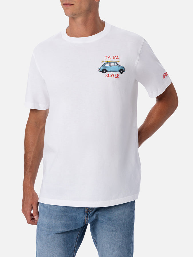 Mc2 Saint Barth T-shirt da uomo in cotone con stampa piazzata e ricamo Fiat 500 | FIAT 500 EDIZIONE SPECIALE