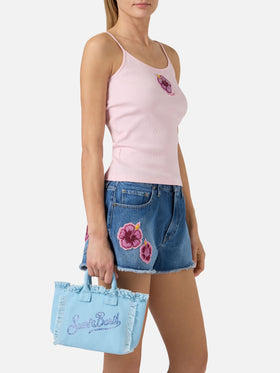 Light blue canvas Vanity mini bag with rhinestone logo