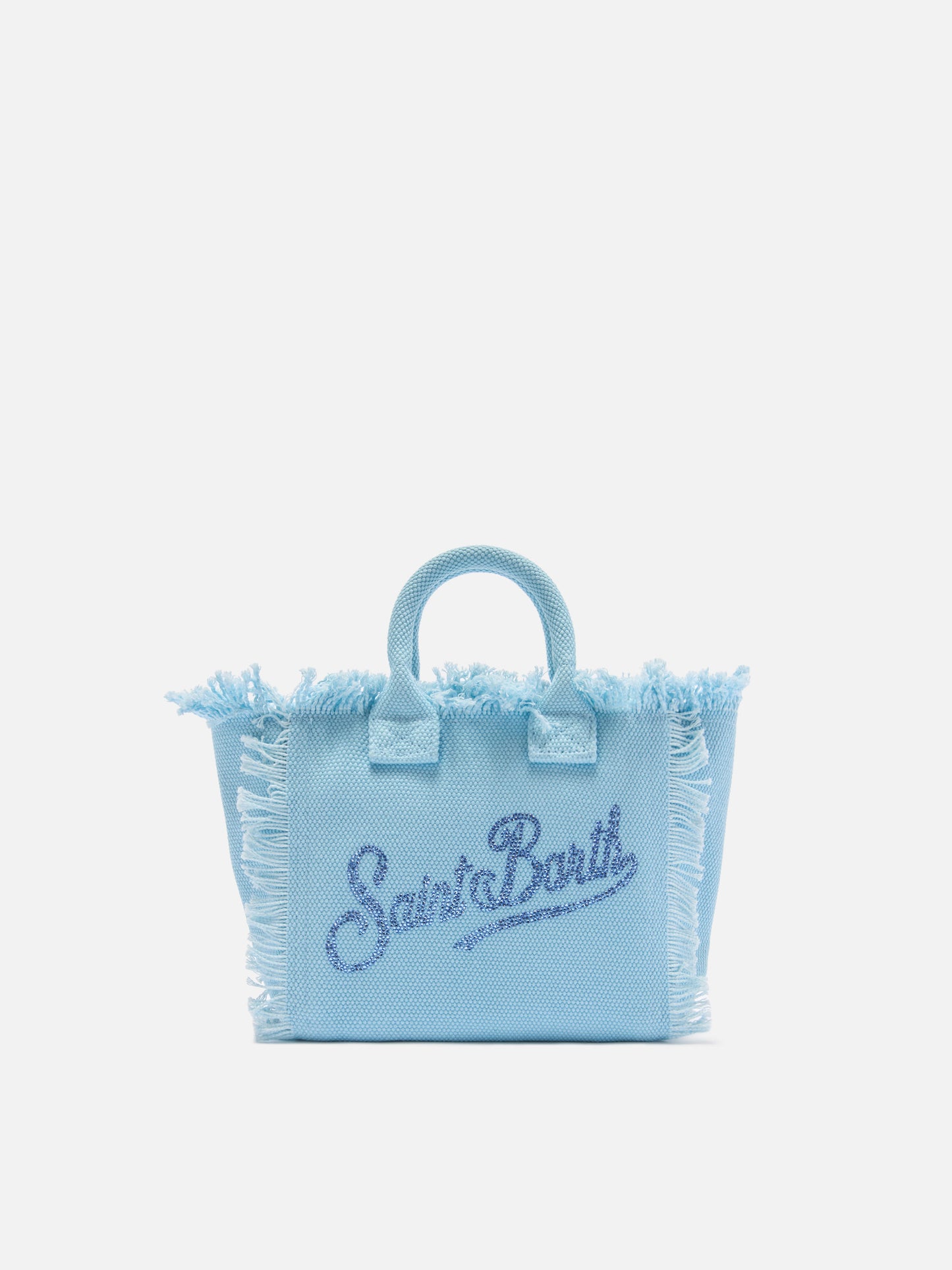 Borsa Vanity mini in canvas azzurro con logo in strass