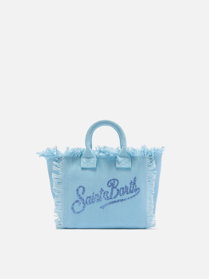 Borsa Vanity mini in canvas azzurro con logo in strass