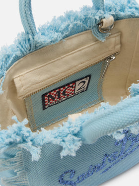 Borsa Vanity mini in canvas azzurro con logo in strass