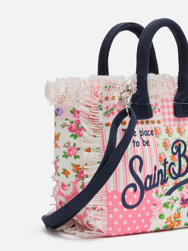 Borsa Mini Vanity in canvas di cotone con stampa patch floreale