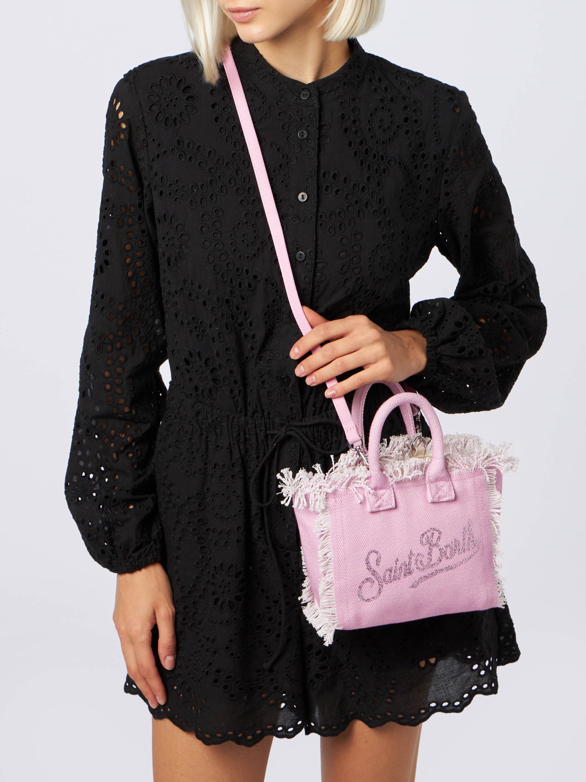 Borsa Mini Vanity in canvas di cotone rosa con logo in strass