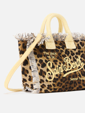 Borsa Vanity mini in canvas leopardato con dettagli gialli