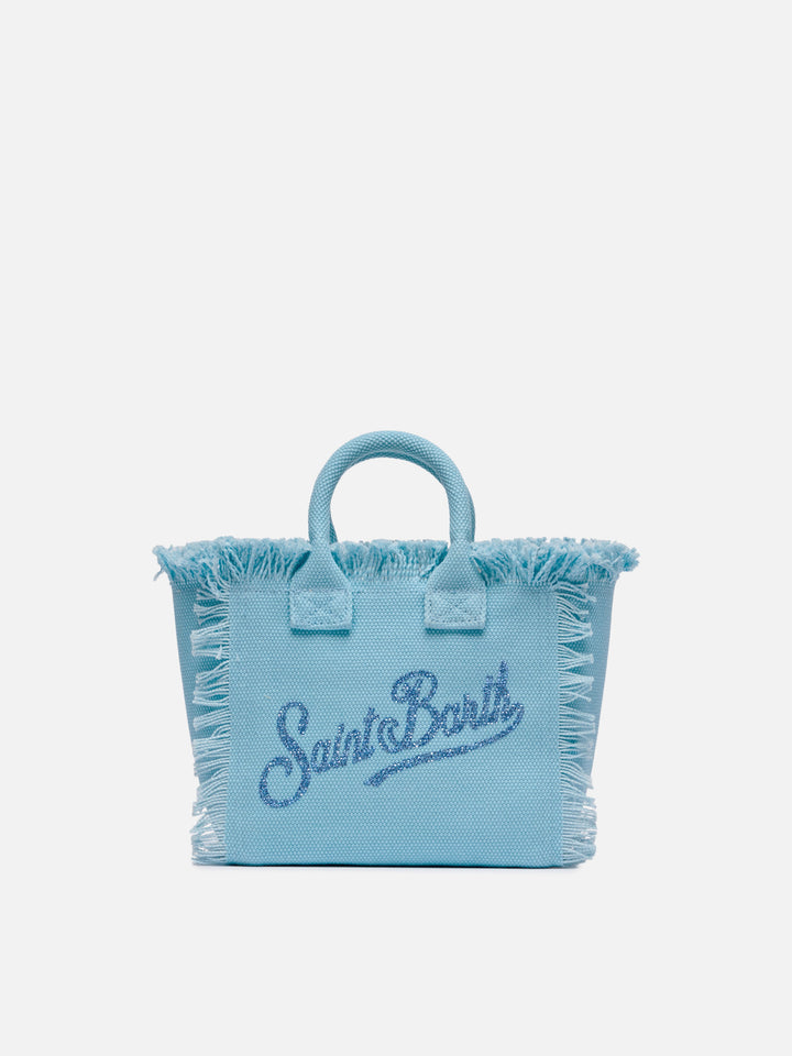 Borsa Mini Vanity in canvas di cotone azzurro con logo in strass