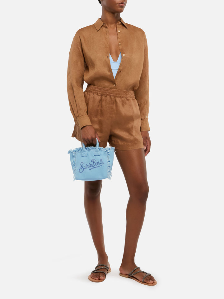 Borsa Mini Vanity in canvas di cotone azzurro con logo in strass