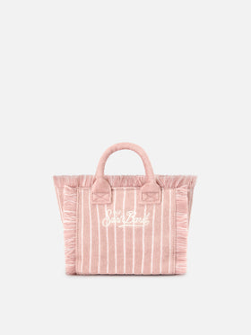 Borsa Vanity mini in tessuto effetto spugna a righe rosa