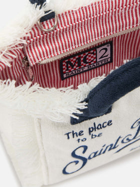 Borsa Vanity mini in tessuto effetto spugna bianco con logo ricamato