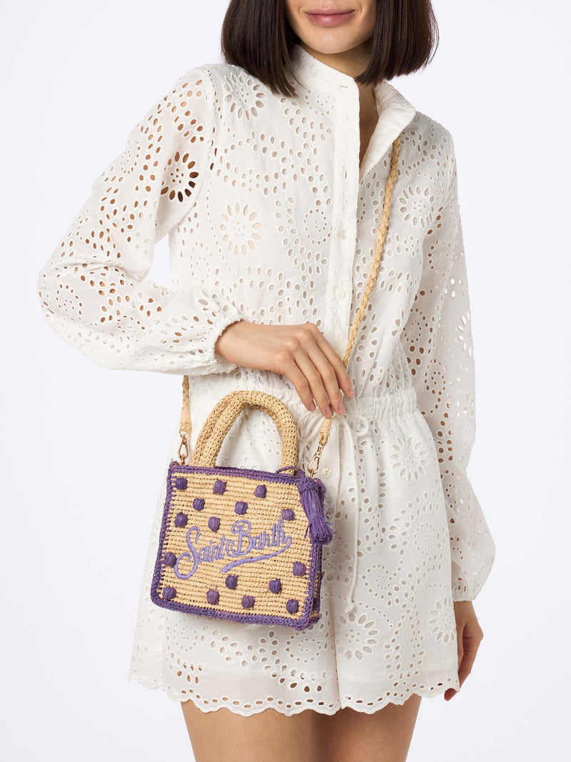 Beige natural Mini Vanity Raffia bag with polka dot appliqués