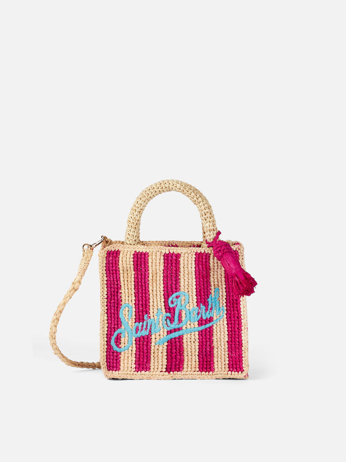 Mc2 Saint Barth Borsa Mini Vanity Raffia a righe fucsia con ricami