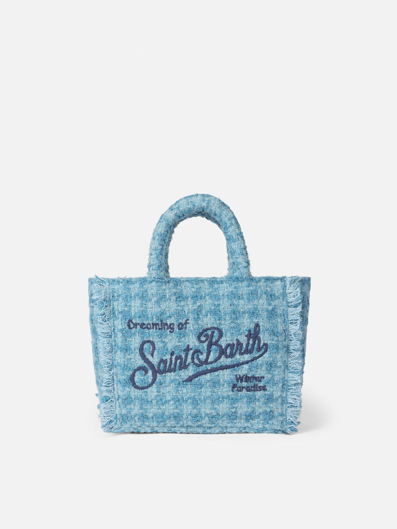 Borsa a mano Mini Vanity in lana con motivo tweed azzurro – MC2