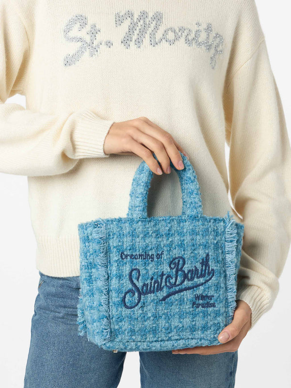 Borsa a mano Mini Vanity in lana con motivo tweed azzurro