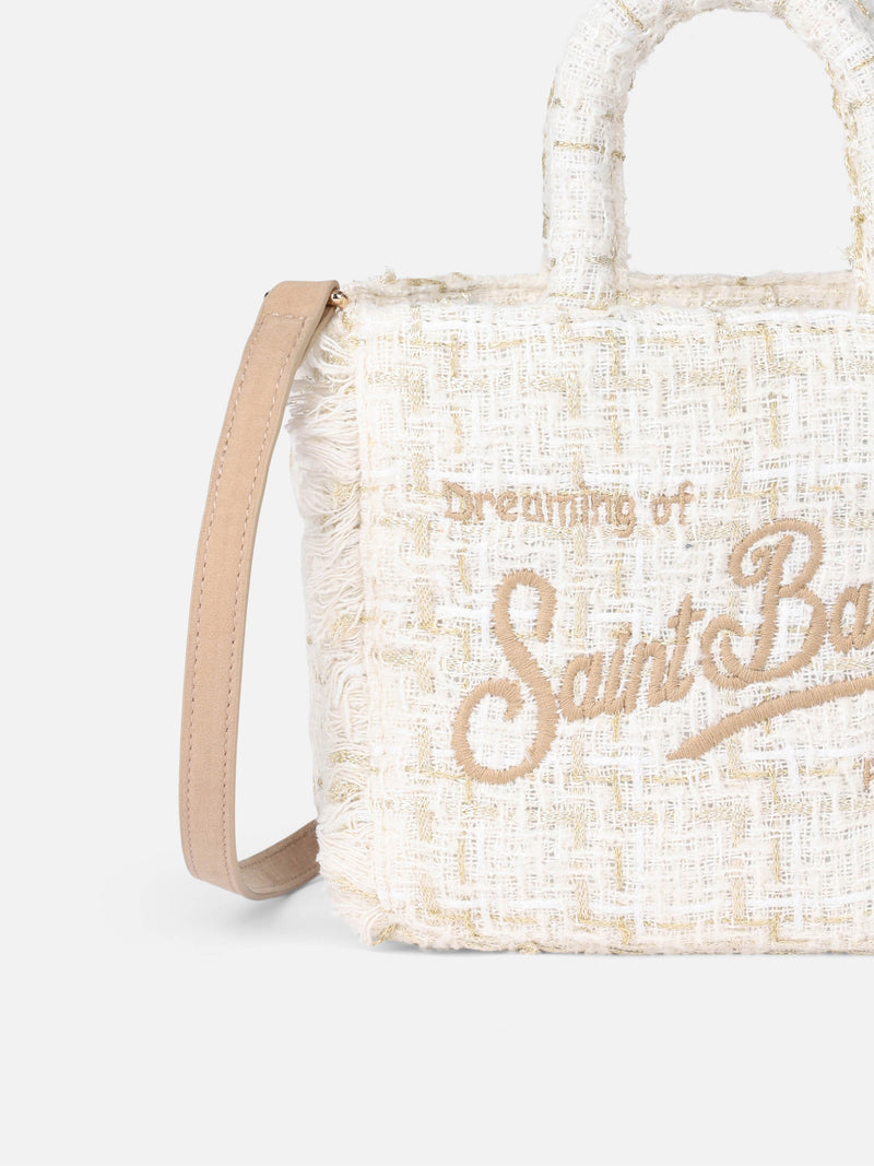 Borsa a mano Mini Vanity in lana con motivo tweed bianco