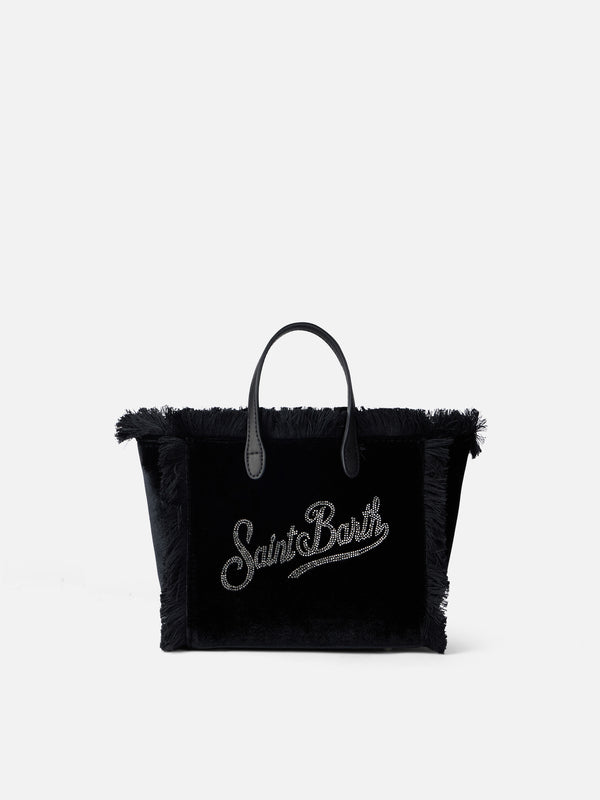 Borsa a mano Mini Vanity in velluto nero con logo Saint Barth in strass