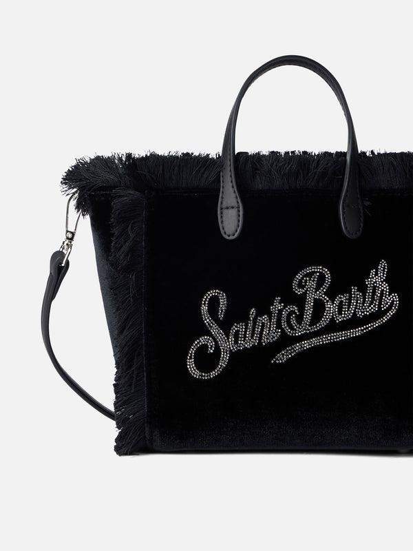 Mini Vanity black velvet handbag with Saint Barth rhinestones logo